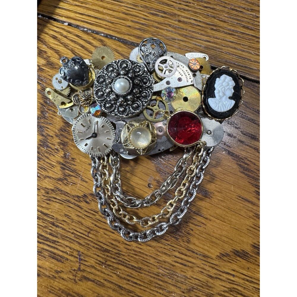 Brooch Modernist Steampunk Victorian Style Accents Clockworks Cameo Chains 3”